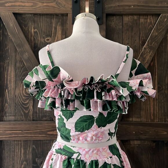 New Green Floral Print Beach Long Maxi Skirt Resort Casual Romantic Ruffle Top - Picture 7 of 16